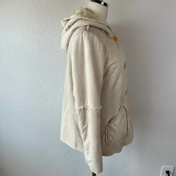 Vintage Y2K Faux Suede Faux Fur Sherpa Lined Jacket Button Up Hood size Medium - Picture 13 of 13